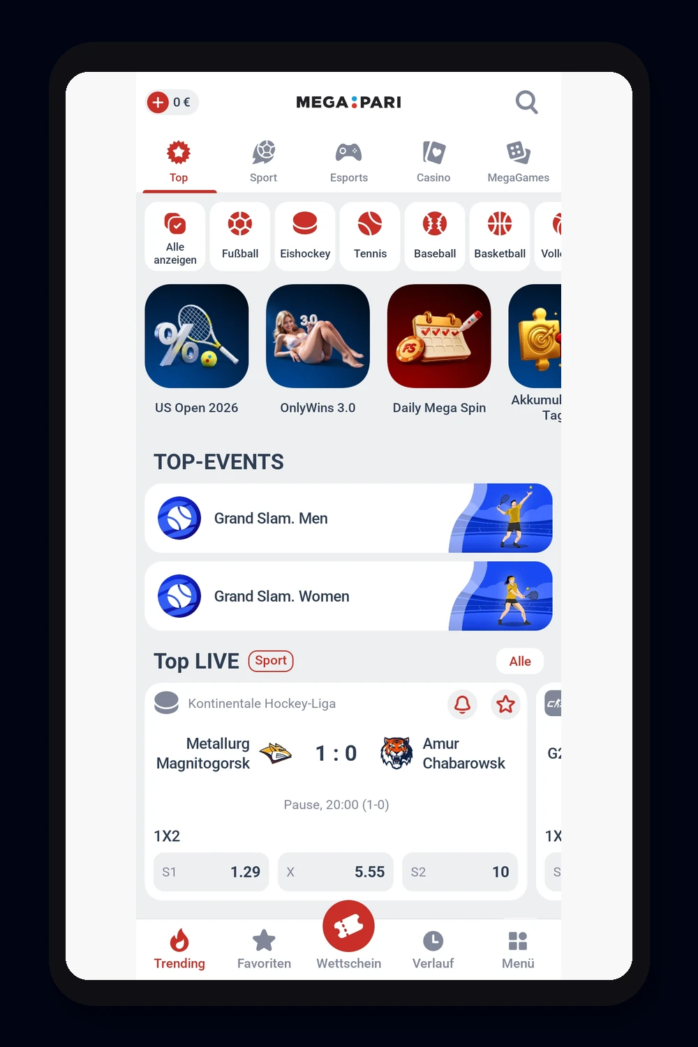 L'interfaccia del bookmaker Megapari sul dispositivo mobile