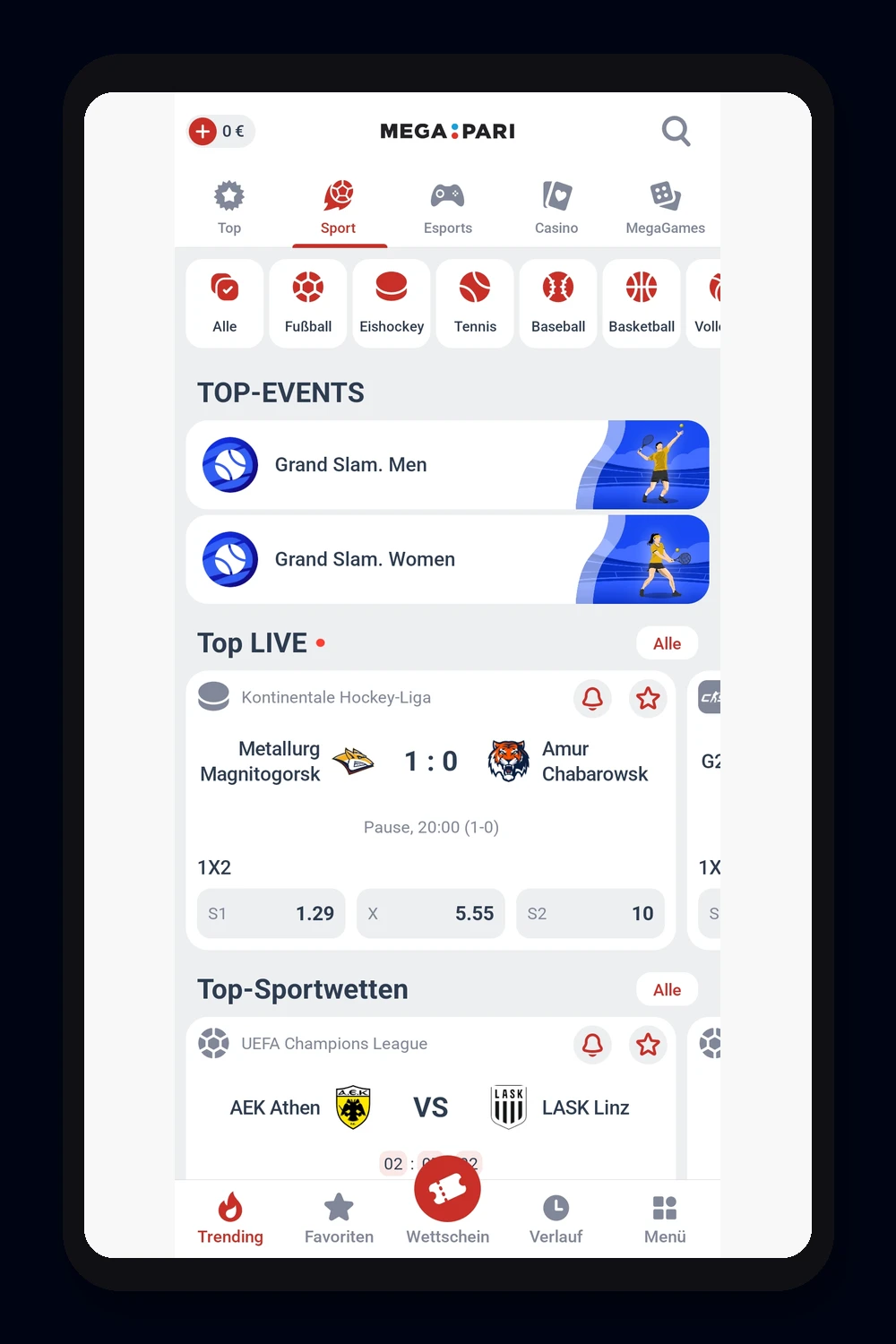 L'interfaccia del bookmaker Megapari sul dispositivo mobile