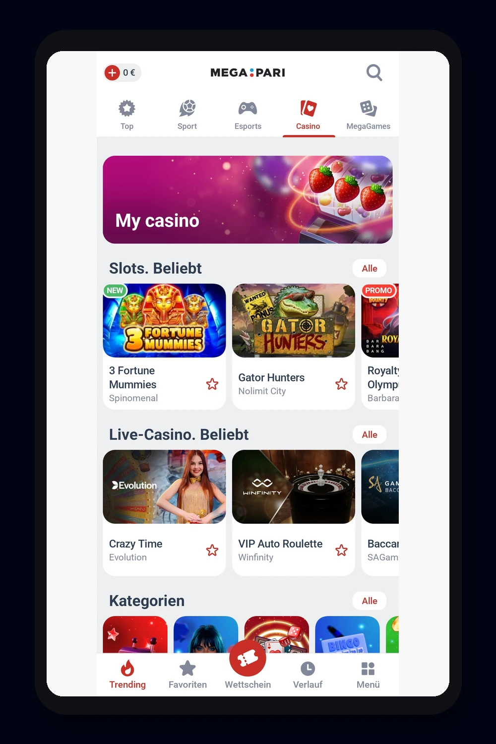 L'interfaccia del bookmaker Megapari sul dispositivo mobile