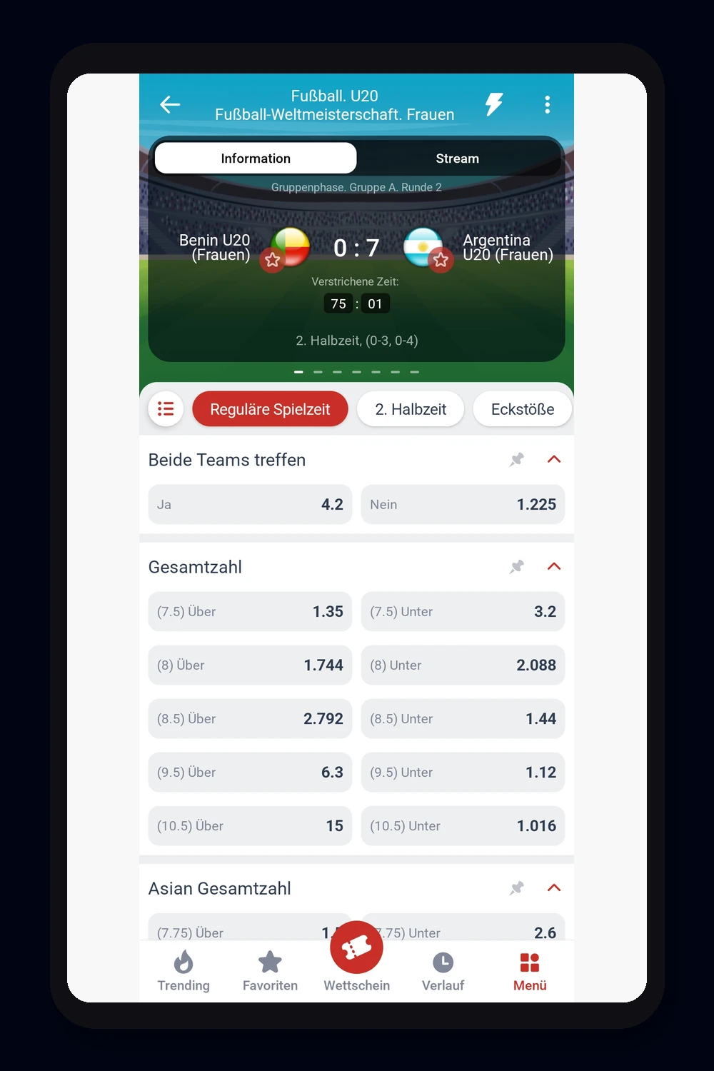 L'interfaccia del bookmaker Megapari sul dispositivo mobile